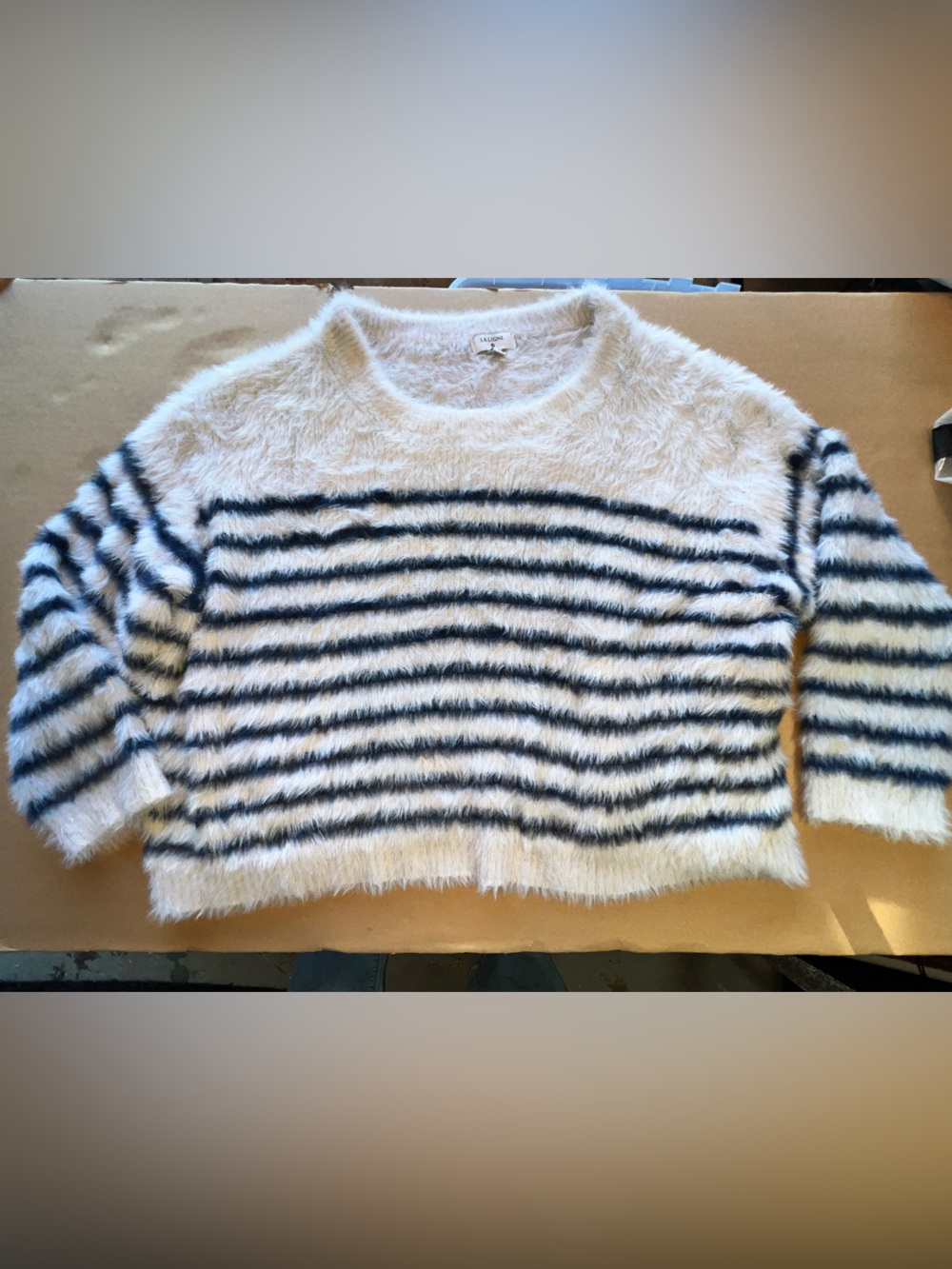 La Ligne Fuzzy Crewneck Sweater in White and Navy Stripes